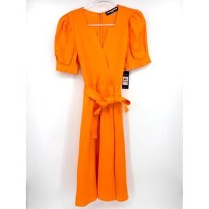 Karl Lagerfeld Paris Orange Puff Sleeve Wrap Midi Dress New Size 12
